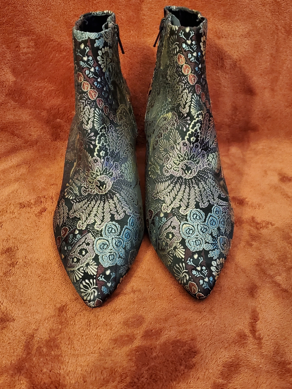 Floral Brocade Pointed-Toe Ankle Boots